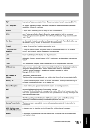 Page 187187Appendix
ITU-TInternational Telecommunication Union - Telecommunication, formerly known as C.C.I.T.T.
ITU-T Image No. 1An industry standard document that allows comparisons of the transmission speeds and 
capabilities of facsimile machines.
JournalA report that is printed by your unit listing the last 200 transactions. 
JPEGJoint Photographic Coding Experts Group, the group established with the purpose of 
enacting image compaction algorithm. The technology that a static image is compressed in 
 
1/10...