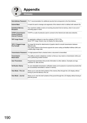 Page 190190
Appendix
Glossary
Sub-Address PasswordITU-T recommendation for additional security that corresponds to the Sub-Address.
Subnet MaskA mask bit used to manage sub-segments of the network which is defined with network IDs.
Substitute Memory 
ReceptionYour machines ability to store an incoming document into its memory, when it runs out of 
recording paper or toner.
TCP/IP (Transmission 
Control Protocol/
Internet Protocol)TCP/IP is a suite of protocols used to connect to the Internet and wide-area...