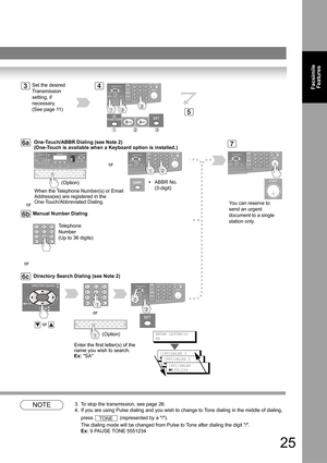 Page 2525
Facsimile 
Features
NOTE3. To stop the transmission, see page 26.
4. If you are using Pulse dialing and you wish to change to Tone dialing in the middle of dialing, 
press 
 (represented by a /). 
The dialing mode will be changed from Pulse to Tone after dialing the digit /. 
Ex: 9 PAUSE TONE 5551234
34Set the desired 
Transmission 
setting, if 
necessary.
(See page 11)
7
ENTER LETTER(S)
SA
5
Manual Number Dialing
Directory Search Dialing (see Note 2)
Telephone 
Number
(Up to 36 digits)
or
[100]SALES...