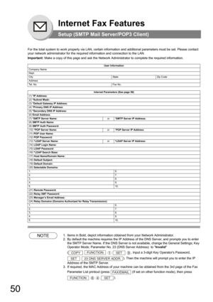 Page 5050
Internet Fax Features
Setup (SMTP Mail Server/POP3 Client)
For the total system to work properly via LAN, certain information and additional parameters must be set. Please contact 
your network administrator for the required information and connection to the LAN.
Important: Make a copy of this page and ask the Network Administrator to complete the required information. 
NOTE1. Items in Bold, depict information obtained from your Network Administrator.
2. By default the machine requires the IP Address...