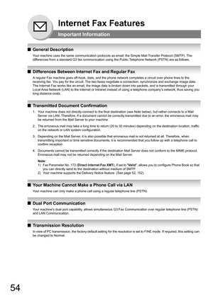 Page 5454
Internet Fax Features
Important Information
QGeneral Description
Your machine uses the same communication protocols as email: the Simple Mail Transfer Protocol (SMTP). The 
differences from a standard G3 fax communication using the Public Telephone Network (PSTN) are as follows.
QDifferences Between Internet Fax and Regular Fax
A regular Fax machine goes off-hook, dials, and the phone network completes a circuit over phone lines to the 
receiving fax. You pay for the circuit. The two faxes negotiate a...