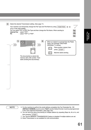 Page 6161
Internet Fax
Features
NOTE5. For the machine to perform the email address completion the Fax Parameter No. 160 
(DEFAULT DOMAIN) must be set to Valid and the Default Domain must be preprogrammed 
in the User (Internet) Parameters. (See page 
152)
6. You can send the same document(s) to multiple stations by repeating Steps 4a, 4b or 4c, and 
then pressing 
.
7. The QUICK MEMORY TRANSMISSION feature is disabled if multiple stations are set.
8.Direct Transmission is not available for LAN communication....