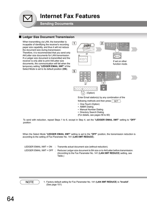 Page 64
64
Internet Fax Features
Sending Documents
QLedger Size Document Transmission
NOTE1. Factory default setting for Fax Parameter No. 141 ( LAN XMT REDUCE) is Invalid .
(See page 151)
When transmitting via LAN, the transmitter is 
incapable of identifying the receivers recording 
paper size capability, and thus it will not reduce 
the document size during transmission. 
Therefore, it is recomme nded that you send only 
A4/Letter size documents for LAN transmission. 
If a Ledger size document is transmitted...