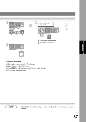 Page 8787
Advanced 
Facsimile Features
NOTE3. When the Fax Cover Sheet setting is set to On, the Quick Memory Transmission feature is 
disabled.
3
5
6
Explanation of Contents
(1) Starting time of communication. (Time Stamp)
(2) Recorded name in the Phone Book.
(3) Your LOGO (up to 25 characters) and ID Number (up to 20 digits).
(4) The number of pages to follow. 
4COVER SHEET=OFF
1:OFF 2:ON
: Cover Sheet is not attached 
: Cover Sheet is attached1
2 