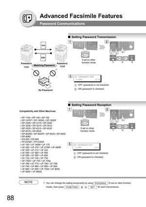 Page 8888
Advanced Facsimile Features
Password Communications
NOTE1. You can change the setting temporarily by using  (If set on other function 
mode), then press     for each transmission.
QSetting Password Transmission
QSetting Password Reception
Compatibility with Other Machines
• DF-1100 • DP-180 • DP-190
• DP-1810F • DP-1820E • DP-1820P 
• DP-2000 • DP-2310 • DP-2500 
• DP-3000 • DP-3010 • DP-3510 
• DP-3520 • DP-4510 • DP-4520
• DP-6010 • DP-6020
• DP-8020E • DP-8020P • DP-8035 • DP-8045 
• DP-8060
•...