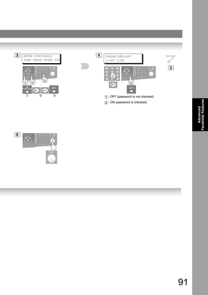 Page 9191
Advanced 
Facsimile Features
5
3ENTER STATION(S)
THEN PRESS START 00%PASSWD-XMT=OFF
1:OFF 2:ON4
: OFF (password is not checked) 
: ON (password is checked)1
2
6 