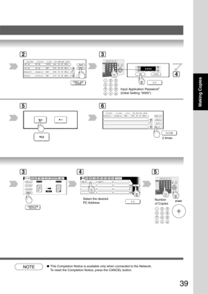 Page 39
39
Making Copies
Input Application Password∗
(Initial Setting 0000)
2 times
NOTE● This Completion Notice is available only when connected to the Network.
To reset the Completion Notice, press the CANCEL button.
23
4
56
Select the desired
PC Address Number
of Copies
345 