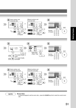 Page 51
51
Making Copies
or
Same vertical, and
horizontal ratio
25% - 400%
or
or Keypad Different vertical, and
horizontal ratio
25% - 400%
or
or Keypad
or
Number
of Copies
Number
of CopiesFit to paper length, or
width
Fit to paper length,
and width
Paper Size
(Paper Tray)
or
Same vertical, and
horizontal void value
5 - 99 mm
or
or Keypad Different vertical, and
horizontal void value
5 - 99 mm
or
or Keypad
or
Number
of Copies
34
354
NOTE●
Zoom Ratio
If using the keypad to set the zoom ratio,  press the  CLEAR...