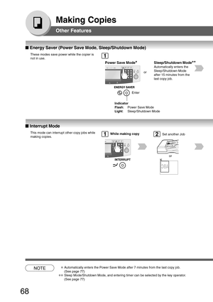 Page 68
68
Making Copies
Other Features
■
■ ■
■
■  Energy Saver (Power Save Mode, Sleep/Shutdown Mode)
This mode can interrupt other copy jobs while
making copies.
or
Set another Job
These modes save power while the copier is
not in use.
Power Save Mode
∗
∗ ∗
∗
∗
Enter
Sleep/Shutdown Mode ∗∗
∗∗ ∗∗
∗∗
∗∗
Automatically enters the
Sleep/Shutdown Mode
after 15 minutes from the
last copy job.
or
Indicator
Flash : Power Save Mode
Light : Sleep/Shutdown Mode
NOTE∗Automatically enters the Power Save Mode after 7...