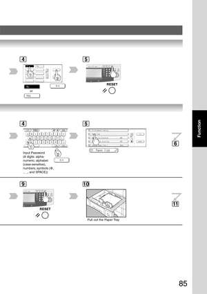 Page 85
85
Function
or
Pull out the Paper Tray
45
Input Password
(8 digits: alpha-
numeric; alphabet
(case-sensitive),
numbers, symbols (@,
., _, and SPACE))
45
6
910
11 