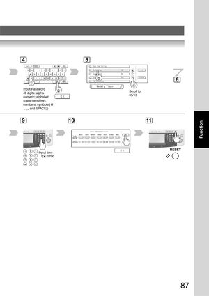 Page 87
87
Function
Scroll to
05/13
Input time
   Ex:  1700
Input Password
(8 digits: alpha-
numeric; alphabet
(case-sensitive),
numbers, symbols (@,
., _, and SPACE))
45
6
91011 