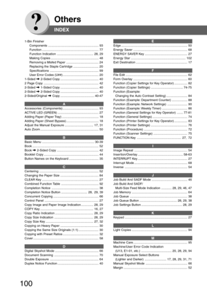 Page 100
100
Others
1-Bin Finisher  Components .......................................................... 93
  Function ................................................................. 77
  Function Indication .......................................... 28, 29
  Making Copies ....................................................... 48
  Removing a Misfed Paper ..................................... 24
  Replacing the Staple Cartridge ............................. 20
  Specifications...