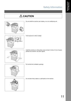 Page 11
Safety Information
11
Getting to KnowYour Machine
Do not install the machine near heating, or an air conditioning unit.
Avoid exposure to direct sunlight.
Install the machine on a flat surface, leave at least 4 inches (10 cm) of space
between the machine, and other objects.
Do not block the ventilation openings.
Do not place heavy objects, or spill liquids on the machine.
CAUTION 