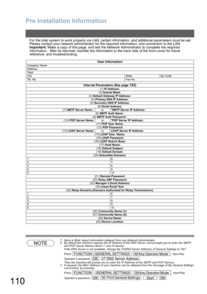 Page 110
Pre Installation Information
110
For the total system to work properly via LAN, certain information, and additional parameters must be set.  
Please contact your network administrator for the required information, and connection to the LAN.
Important: Make a copy of this page, and ask the Network Administrator to complete the required 
information.  After its returned, transfer the information to the back side of the front cover for future 
reference, and troubleshooting.
NOTE
1.Items in Bold, depict...