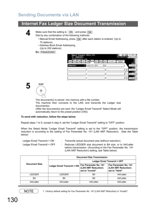 Page 130
Sending Documents via LAN
130
Internet Fax Ledger Size Document Transmission
To send with reduction, follow the steps below.
Repeat steps 1 to 5, except in step 4, set the Ledger Email Transmit setting to OFF position.
When the Select Mode Ledger Email Transmit setting is set to the OFF position, the transmission
reduction is according to the setting of Fax Parameter No. 141 (LAN XMT Reduction).  (See the Table
below)
NOTE1. Factory default setting for Fax Parameter No. 141 (LAN XMT Reduction) is...