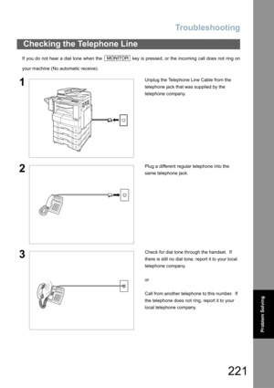 Page 221
Troubleshooting
221
Problem Solving
If you do not hear a dial tone when the   key is pressed, or the incoming call does not ring on
your machine (No automatic receive).
Checking the Telephone Line
1Unplug the Telephone Line Cable from the 
telephone jack that was supplied by the 
telephone company.
2Plug a different regular telephone into the 
same telephone jack.
3Check for dial tone through the handset.  If 
there is still no dial tone, report it to your local 
telephone company.
or
Call from another...