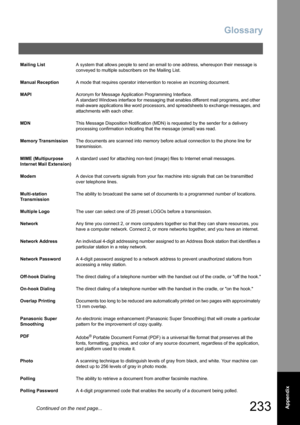 Page 233
Glossary
233  Appendix
Mailing ListA system that allows people to send an email to one address, whereupon their message is 
conveyed to multiple subscribers on the Mailing List.
Manual Reception A mode that requires operator intervention to receive an incoming document.
MAPI Acronym for Message Application Programming Interface.
A standard Windows interface for messaging that enables different mail programs, and other 
mail-aware applications like word processors, and spreadsheets to exchange messages,...