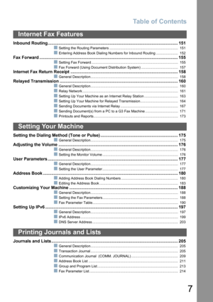 Page 7
Table of Contents
7
Inbound Routing............................................................................................................. 151
■Setting the Routing Parameters ..................................................................... 151
■Entering Address Book Dialing Numbers for Inbound Routing ...................... 152
Fax Forward ....................................................................................................................155
■Setting Fax Forward...