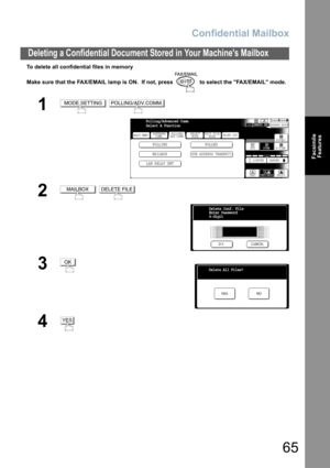 Page 65
Confidential Mailbox
65
Deleting a Confidential Document Stored in Your Machines Mailbox
Facsimile
Features
To delete all confidential files in memory
Make sure that the FAX/EMAIL lamp is ON.  If not, press   to select the FAX/EMAIL mode.
1 
2 
3
4
MODE SETTINGPOLLING/ADV.COMM.
BASIC MENU
POLLING POLLED
MAILBOX
SUB ADDRESS TRANSMIT
PRINT OUT
STDFINE
TEXT/PHOTO
MEMORY XMTADDRESS BOOK
S-FINE 600dpi
LIGHTER DARKER
TEXT PHOTO
DEFERRED
COMM. POLLING/
ADV.COMM. SELECT
MODE EDIT FILE
MODE
Polling/Advanced...