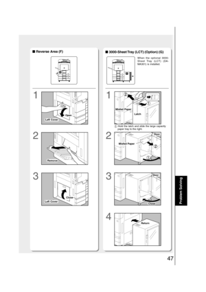 Page 4747
Problem Solving
■ ■■ ■
■ Reverse Area (F)
1
2
31
2
3
When the optional 3000-
Sheet Tray (LCT) (DA-
MA301) is installed.
■ ■■ ■
■ 3000-Sheet Tray (LCT) (Option) (G)
 Hold the latch and slide the large capacity
     paper tray to the right.
4
Open
Left Cover
Remove
Close
Left Cover
Misfed Paper
Latch
Misfed Paper
Door
Door
Close
Return 