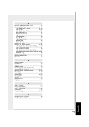 Page 7777Appendix
R
Receiving an Email from POP Server ......................... 37
Removing Misfed Paper ........................................41–53
1-Bin Saddle-Stitch Finisher ............................ 50, 52
2-Bin Finisher....................................................48–49
2-Bin Saddle-Stitch Finisher ................................... 51
3000-Sheet Tray  (LCT) ............................................ 47
Automatic Duplex Unit ............................................ 46...