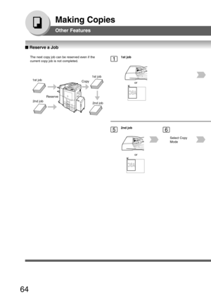 Page 64
64
Making Copies
Other Features
The next copy job can be reserved even if the
current copy job is not completed.
1st job1st job
2nd job 2nd job
Copy
Reserve
11st job
or
5
or
Select Copy
Mode
62nd job
■
■ ■
■
■  Reserve a Job 