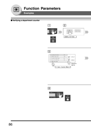 Page 86
86
Function Parameters
Examples
■
■ ■
■
■  Verifying  a  department  counter
12
5
Scroll to
03/13
8 