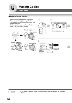 Page 10
10
Making Copies
Basic Menu
■
■ ■
■
■  Tandem/Remote  Copying
+
When using the Tandem/Remote Copy function.
Requires network setup (see pages 77-78).
The selected Remote printing copier must be either
DP-8060/8045/8035.
For the copier to function as a Remote/Tandem
Copier it has to be setup in advance.
Remote Copying
Tandem Copying
Other machine
This machine
100 copies
100
copies
50
copies 50
copies
12
or
Select Copy Job settings
5
Select
the other
machine. or
NOTE●
If the desired copy size is different...