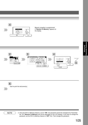 Page 105105
Advanced
Facsimile Features
4
6
Start to print the document(s).
NOTE2. Once the RCV to Memory feature is set to  ON, the password cannot be changed (Fax Parameter
No. 037 ( Receive To Memory ) will not be selectable on the LCD display). If you wish to change th\
e
password, set the RCV to Memory feature to  OFF first. Then change the password.
BERLIN
ANTARTICA
2
4
Memory reception is programmed.
A 
Receive To Memory  appears on
the display.
3
5 