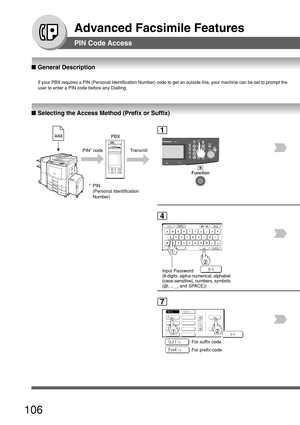 Page 106106
Advanced Facsimile Features
PIN Code Access
■ Selecting the Access Method (Prefix or Suffix)
■  General Description
If your PBX requires a PIN (Personal Identification Number) code to ge\
t an outside line, your machine can be set to prompt the
user to enter a PIN code before any Dialling.
1
7
For suffix code
For prefix code
aaaPBX
PIN* code Transmit
 * PIN(Personal Identification
Number)
4
Input Password
(8 digits: alpha-numerical; alphabet
(case-sensitive), numbers, symbols
(@, ., _, and SPACE)) 