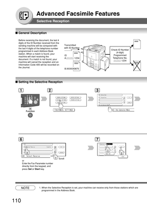 Page 110110
Advanced Facsimile Features
Selective Reception
■ General Description
■ Setting the Selective Reception
NOTE1. When the Selective Reception is set, your machine can receive only from \
those stations which are
programmed in the Address Book.
Before receiving the document, the last 4
digits of the ID Number received from the
sending machine will be compared with
the last 4 digits of the telephone number
programmed in each Address Book
station. When a match is found, your
machine will start receiving...