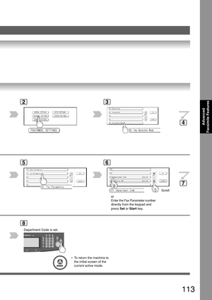 Page 113113
Advanced
Facsimile Features
23
5
8
6
Scroll
or
Enter the Fax Parameter number
directly from the keypad and
press  Set or Start  key.
 • To return the machine to the initial screen of the
current active mode.
4
7
Department Code is set. 