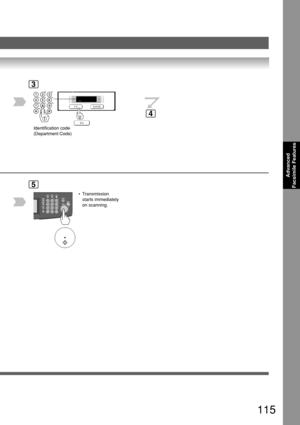 Page 115115
Advanced
Facsimile Features
3
Identification code
(Department Code)
_
5
 • Transmission
starts immediately
on scanning.
4 