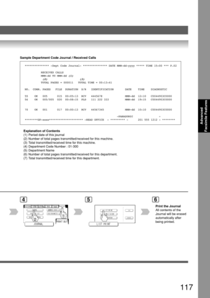 Page 117117
Advanced
Facsimile Features
Sample Department Code Journal / Received Calls
*************** -Dept Code Journal- *************** DATE MMM-dd-yyyy ***** TIME 15:00 *** P.02
          RECEIVED CALLS          
          MMM-dd TO MMM-dd 
(1)           
           (2)                    (3)                    TOTAL PAGES = 000011   TOTAL TIME = 00:13:41
NO.  COMM. PAGES   FILE  DURATION  X/R   IDENTIFICATION DATE    TIME    DIAGNOSTIC
55    OK   005      015  00:05:13  RCV   4445678 MMM-dd  12:10...