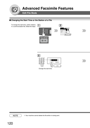 Page 120120
Advanced Facsimile Features
Edit File Mode
■ Changing the Start Time or the Station of a File
To  change the start time, and/or stations
in a communication file, follow the steps.1
BERLIN
ANTARTICA
2
5
Change the start time.
20:30
NOTE1. Your machine cannot delete the file while it is being sent. 