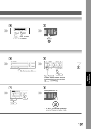 Page 161161
Setting
Y our Machine
>>>>>>>>>
4
Raise, or lower
the Volume.
5
3
78
4
 • To return the machine to the initial
screen of the current active mode.
5
or
Input Password
(8 digits: alpha-numerical; alphabet
(case-sensitive), numbers, symbols
(@, ., _, and SPACE))
Dialling Method is set. 