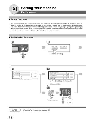 Page 166166
Setting Your Machine
12
■ Setting the Fax Parameters
■  General Description
Your facsimile machine has a variety of adjustable Fax Parameters. These parameters, listed in the Parameter Table, are
preset for you and do not need to be changed. If you do want to make a c\
hange, read the table carefully. Some parameters,
such as the Resolution, Contrast, and Verification Stamp parameters, can be temporarily changed by simple key o\
peration just
before a transmission is made. When the transmission ends,...