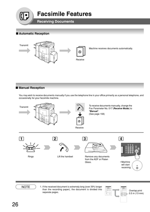 Page 2626
Facsimile Features
■ Automatic Reception
■ Manual Reception
Machine receives documents automatically.
Receive Transmit
You may wish to receive documents manually if you use the telephone line in your office primarily as a personal telephone, and
occasionally for your facsimile machine.
Transmit
ReceiveTo receive documents manually, change the
Fax Parameter No. 017 (Receive Mode) to
Manual.
(See page 168)
1234
Rings Lift the handset Remove any documents
from the ADF or Platen
Glass.
NOTE1. If the...