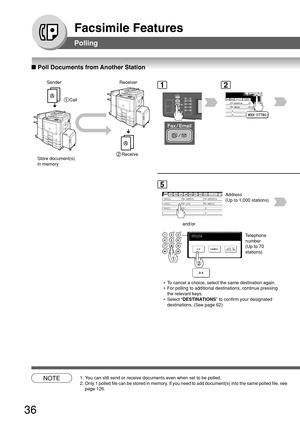 Page 3636
Facsimile Features
NOTE1. You can still send or receive documents even when set to be polled.
2. Only 1 polled file can be stored in memory. If you need to add document(s) into the same polled file, see
page 126.
Polling
■ Poll Documents from Another Station
1
BERLIN ANTARTICA
2
Telephone
number
(Up to 70
stations)
AFRICA
ASIA AMERICA ANTARTICA
APOLLO BERLIN
BRAZIL
5
Address
(Up to 1,000 stations)
and/or
2Receive
1Call
Store document(s)
in memory
 • To cancel a choice, select the same destination...