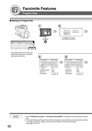 Page 4040
Facsimile Features
■ Setting for Program Dial
GROUP.A PRO.POLLTIMER XMT
The Program Keys are useful if you
frequently need to send, or poll the
same group of stations.
12
5
Program Name
(Up to 15
characters)
6
Key Name
(Up to 15
characters)
NOTE1. Press “03 Modify Group Dial” or “04 Delete Program/GRP” to edit/delete a Group Dialling or Program
Dial.
2.The Group Dialling and Program Key cannot be changed or erased until the communication has finished.
To change or erase the settings, cancel the...