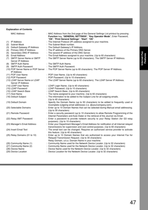 Page 4747
Internet FaxFeatures
Explanation of Contents
MAC Address : MAC Address from the 2nd page of the General Settings List printout by press\
ing Function key, GENERAL SETTINGS , Key Operator Mode , Enter Password,
 OK , Print General Settings , Start , OK .
(1) IP Address : The Internet Protocol (IP) address assigned to your machine.
(2) Subnet Mask : The Subnet Mask number.
(3) Default Gateway IP Address : The Default Gateways IP Address.
(4) Primary DNS IP Address : The IP address of the Primary DNS...