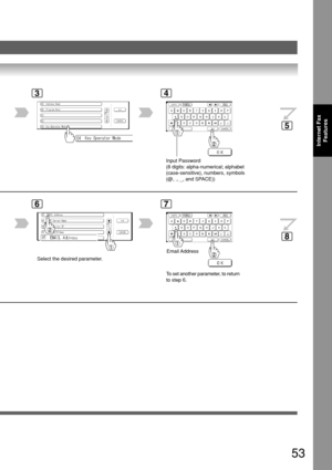 Page 5353
Internet FaxFeatures
34
Input Password
(8 digits: alpha-numerical; alphabet
(case-sensitive), numbers, symbols
(@, ., _, and SPACE))
6
Select the desired parameter.
7
To  set another parameter, to return
to step 6. Email Address
5
8 