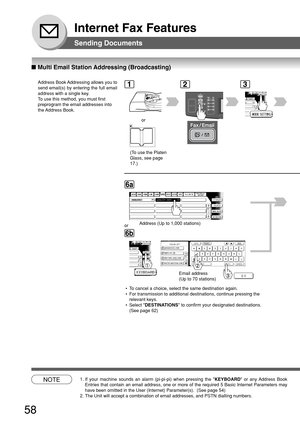 Page 5858
Internet Fax Features
■ Multi Email Station Addressing (Broadcasting)
Address Book Addressing allows you to
send email(s) by entering the full email
address with a single key.
To use this method, you must first
preprogram the email addresses into
the Address  Book.
NOTE1. If your machine sounds an alarm (pi-pi-pi) when pressing the KEYBOARD or any Address Book
Entries that contain an email address, one or more of the required 5 Basic Internet Parameters may
have been omitted in the User (Internet)...