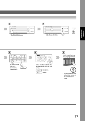 Page 7777
Internet FaxFeatures
34
97
POP Password
(Up to 10
characters)
(See Note 1)
8
Select whether to delete the
retrieved email from the POP
server.
Not delete
Delete • To return the machine
to the initial screen of
the current active
mode.
5
POP Email Retrieval
Key is programmed. 