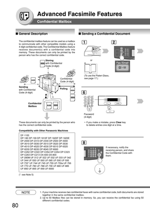 Page 80Advanced Facsimile Features
80
Confidential Mailbox
The confidential mailbox feature can be used as a mailbox
to communicate with other compatible models using a
4-digit confidential code. The Confidential Mailbox feature
receives document(s) with a confidential code into
memory. These documents can only be printed by the
person who has the correct confidential code.
AAA
AAA
BBB
BBB
BBBAAA
Storing
with Confidential
Code (4-digit)
Confidential
Code (4-digit)
Polling Sending
with Confidential
Code...