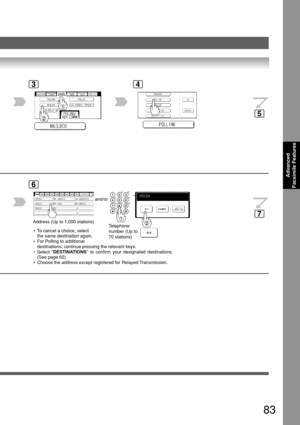 Page 83Advanced
Facsimile Features
83
34
Telephone
number (Up to
70 stations)
AFRICA
ASIA AMERICA ANTARTICA
APOLLO BERLIN
BRAZIL
6
Address (Up to 1,000 stations)and/or
 • To cancel a choice, select
the same destination again.
 • For Polling to additional
destinations, continue pressing the relevant keys.
 • Select  “DESTINATIONS” to confirm your designated destinations.
(See page 62)
 • Choose the address except registered for Relayed Transmission.
5
7 
