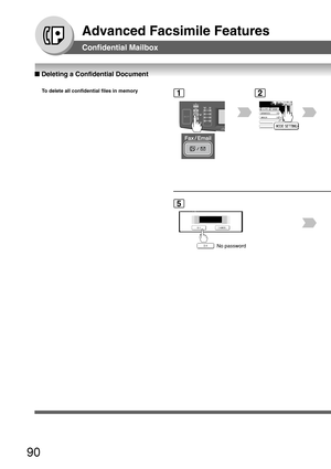 Page 9090
Advanced Facsimile Features
■ Deleting a Confidential Document
Confidential Mailbox
To  delete all confidential files in memory
5
1
BERLIN
ANTARTICA
2
No password 