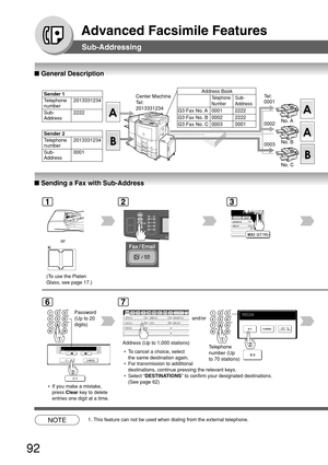 Page 92Advanced Facsimile Features
92
Sub-Addressing
■ General Description
■ Sending a Fax with Sub-Address
1
or
2
BERLIN ANTARTICA
3
Center Machine
Tel:
2013331234
No. A Tel:
0001
6
Password
(Up to 20
digits)
Telephone
number (Up
to 70 stations)
AFRICA
ASIA AMERICA ANTARTICA
APOLLO BERLIN
BRAZIL
Address (Up to 1,000 stations)and/or
NOTE1. This feature can not be used when dialing from the external telephone.
7
No. B
No. C 0002
0003
Sender 1
Telephone 2013331234
number
Sub- 2222
Address
Sender 2
Telephone...