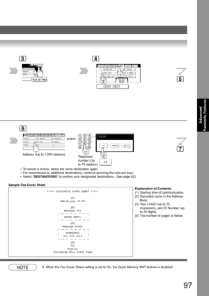 Page 97Advanced
Facsimile Features
97
Sample Fax Cover Sheet
Explanation of Contents
(1) Starting time of communication.
(2) Recorded name in the Address
Book.
(3) Your LOGO (up to 25
characters), and ID Number (up
to 20 digits).
(4) The number of pages to follow.
***** FACSIMILE COVER SHEET *****
(1)MMM-dd-yyyy 15:00
(2)Message To:
SALES DEPT.
(3)Message From:
PANASONIC
201 555 1212
(4)02
Page(s)
Following This Cover Page
NOTE3. When the Fax Cover Sheet setting is set to On, the Quick Memory XMT feature is...