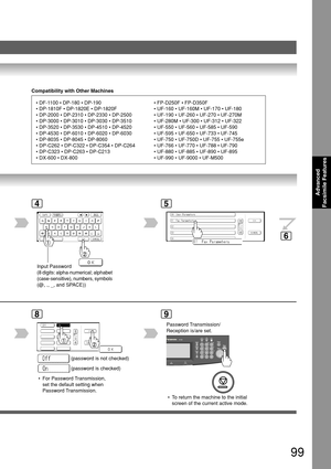 Page 9999
Advanced
Facsimile Features
4
Compatibility with Other Machines
5
8
 • For Password Transmission,
set the default setting when
Password Transmission.(password is not checked)
(password is checked)
9
 • DF-1100 • DP-180 • DP-190
 • DP-1810F • DP-1820E • DP-1820F
 • DP-2000 • DP-2310 • DP-2330 • DP-2500
 • DP-3000 • DP-3010 • DP-3030 • DP-3510
 • DP-3520 • DP-3530 • DP-4510 • DP-4520
 • DP-4530 • DP-6010 • DP-6020 • DP-6030
 • DP-8035 • DP-8045 • DP-8060
 • DP-C262 • DP-C322 • DP-C354 • DP-C264
 •...